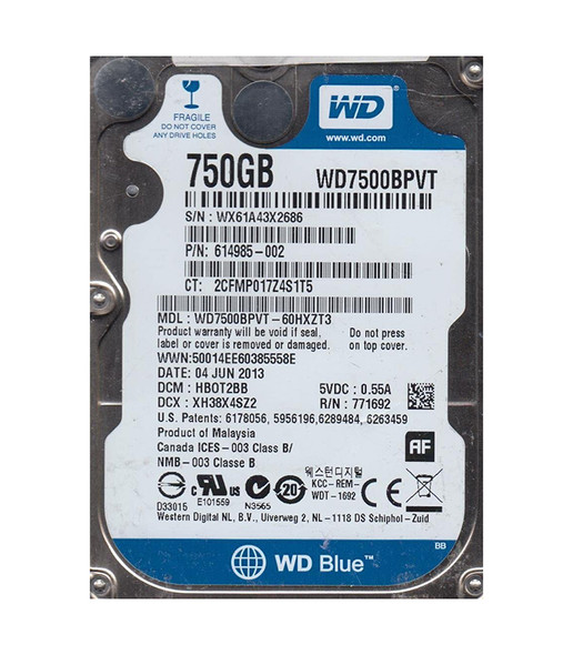 WD7500BPVT-60HXZT3 - Western Digital Scorpio Blue 750GB 5400RPM SATA 3Gb/s 8MB Cache 2.5-inch Hard Drive