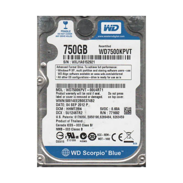 WD7500KPVT-00U4RT1 - Western Digital Scorpio Blue 750GB 7200RPM SATA 3Gb/s 8MB Cache 2.5-inch Hard Drive