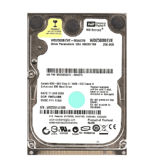 WD2500BEVE-00WZT0 - Western Digital Scorpio Blue WD2500BEVE 250GB IDE 5400RPM 8MB Cache 2.5-inch Hard Drive