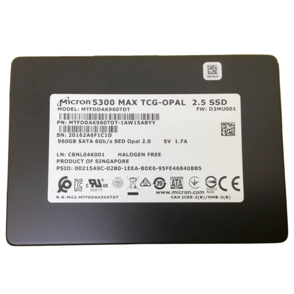MTFDDAK960TDT-1AW15ABYY - Micron 5300 Max Series 960GB SATA 6Gb/s Hot-Swappable Mixed Used 3D NAND TLC (AES-256 / SED / TCG Opal 2.0) 2.5-inch Solid State Drive