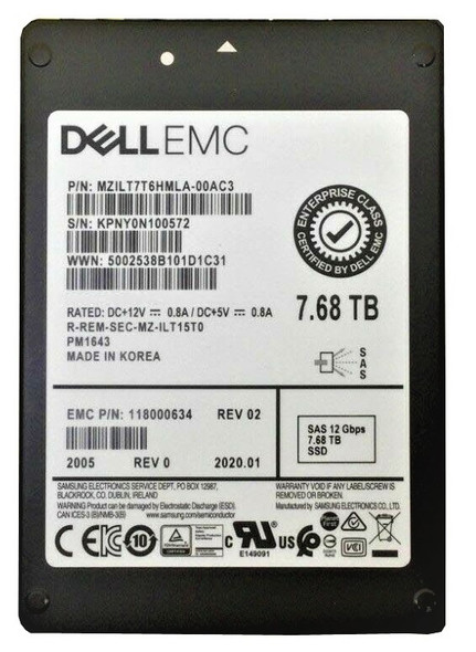 MZILT7T6HMLA-00AC3 - Samsung PM1643A 7.68TB SAS 12Gb/s Triple-Level Cell 512 2.5-In Solid State Drive Emc Oem