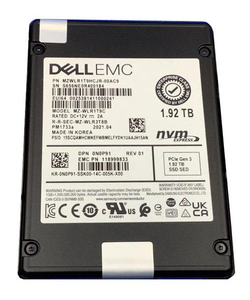 MZ-WLR1T9C - Samsung PM1733A Series 1.92TB Triple-Level Cell PCI Express NVMe 4.0 Read Intensive 2.5-inch SED Enterprise Solid State Drive New System Pull Dell Oem