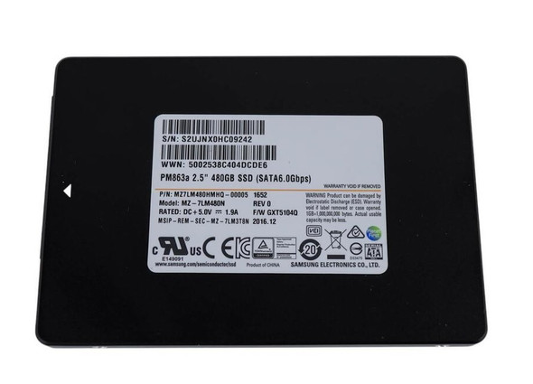 MZ-7LM480N - Samsung PM863a 480GB SATA 6Gb/s 3D NAND TLC (AES-256) 2.5-inch Solid State Drive