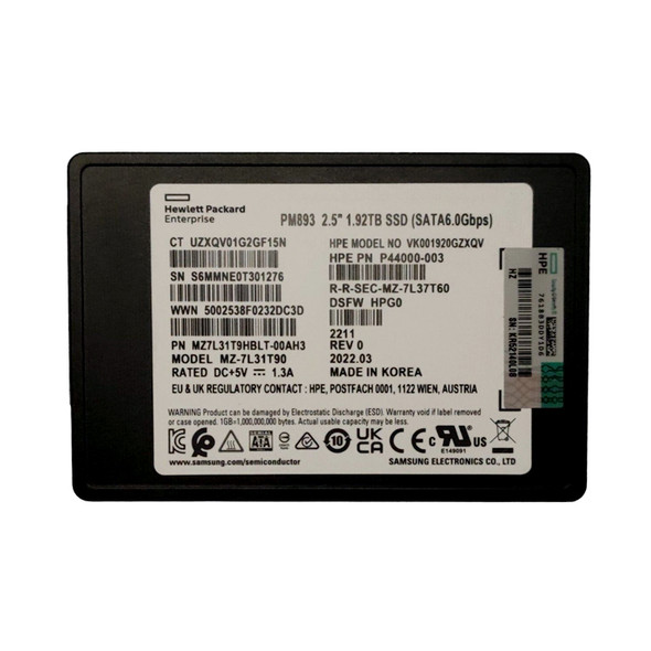 MZ7L31T9HBLT-00AH3 - Samsung PM893 1.92TB SATA 6Gb/s Triple-Level Cell 2.5-In Solid State Drive Hpe Oem New System Pull