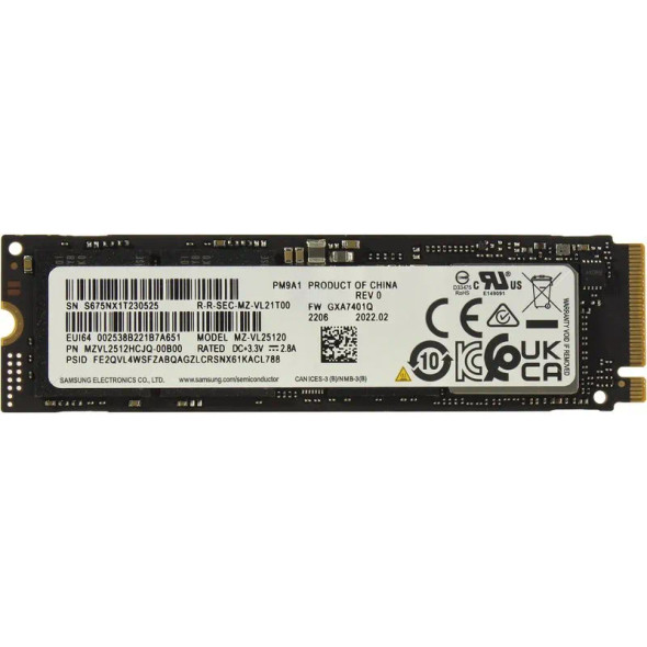 MZ-VL25120 - Samsung PM9A1 Series 512GB PCI Express NVMe 4.0 x4 M.2 2280Solid State Drive