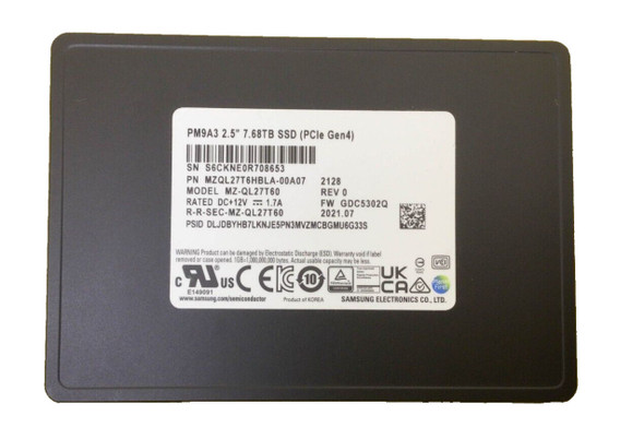 MZQL27T6HBLA-00A07 - Samsung PM9A3 7.68TB PCI Express NVMe 4.0 x4 U.2 2.5-inch Solid State Drive