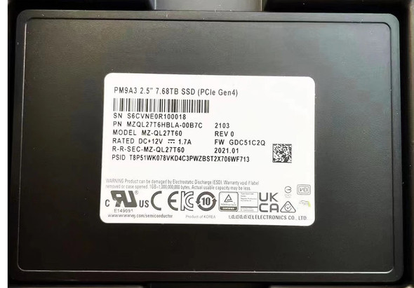 MZQL27T6HBLA-00B7C - Samsung PM9A3 Series 7.68TB PCI Express NVMe 4.0 x4 2.5-inch Solid State Drive