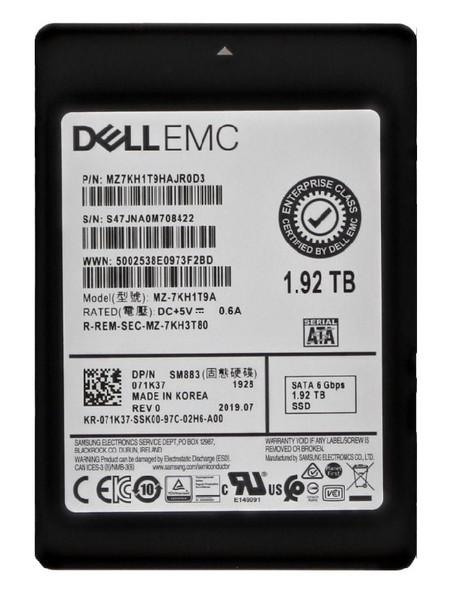MZ7KH1T9HAJR0D3 - Samsung SM883 Series 1.92TB SATA 6Gb/s Multi-Level Cell Mixed Use 2.5-inch Enterprise Solid State Drive Dell Oem
