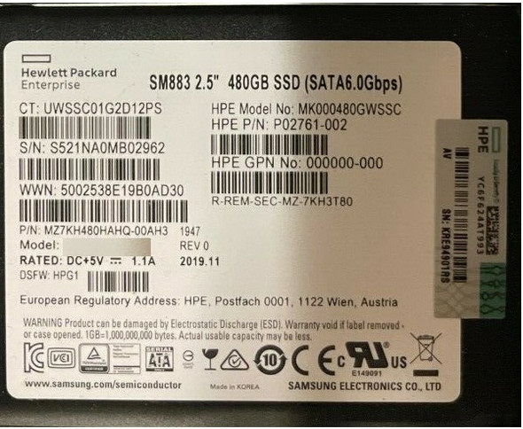 MZ7KH480HAHQ-00AH3 - Samsung SM883 Series 480GB SATA 6Gb/s Multi-Level Cell Mixed Use 2.5-inch Enterprise Solid State Drive Hpe Oem