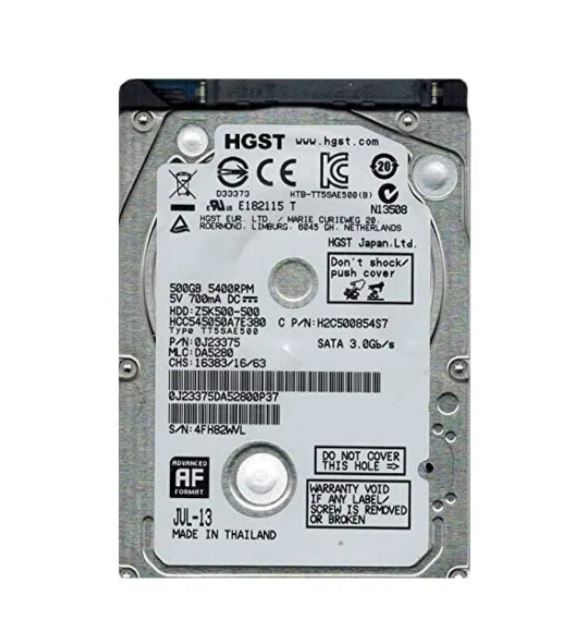 0J23375 - HGST CinemaStar Z5K500 Series 500GB 5400RPM SATA 3Gb/s 8MB Cache (512e) (CE) 2.5-inch Hard Drive