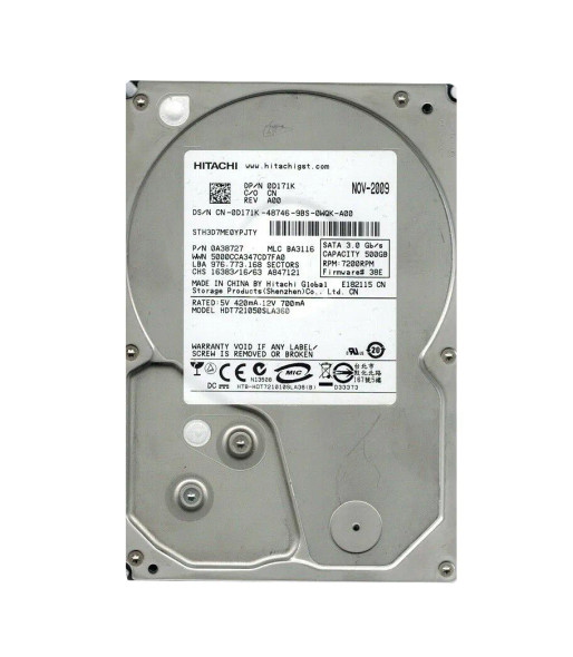 0A38727 - Hitachi Deskstar 7K1000.B 500GB 7200RPM SATA 3Gb/s 16MB Cache 3.5-inch Hard Drive