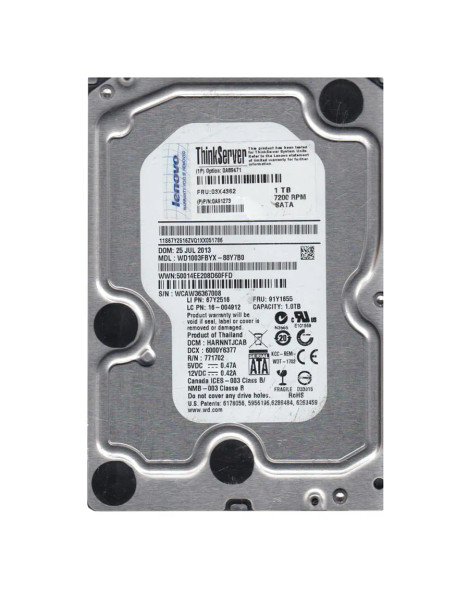 0A89471 - Lenovo 1TB 7200RPM 3.5-inch SATA 6Gb/s Enterprise Hard Drive with Tray