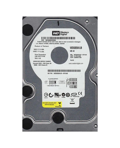 WD5000AVJB-63YUA0 - Western Digital 500GB PATA 7200RPM 8MB Cache 3.5-inch Hard Drive