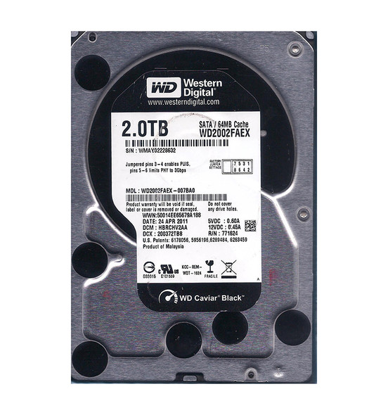 WD2002FAEX-007BA0 - Western Digital Black 2TB 7200RPM SATA 6Gb/s 64MB Cache 3.5-inch Hard Drive