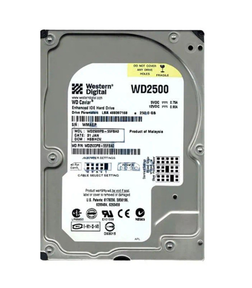 WD2500PB-55FBA0 - Western Digital Caviar 250GB 7200RPM EIDE 40-Pin 8MB Cache 3.5-inch Hard Drive