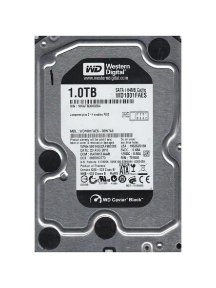 WD1001FAES-00W7A0 - Western Digital Caviar Black 1TB 7200RPM SATA 3Gb/s 64MB Cache 3.5-inch Hard Drive