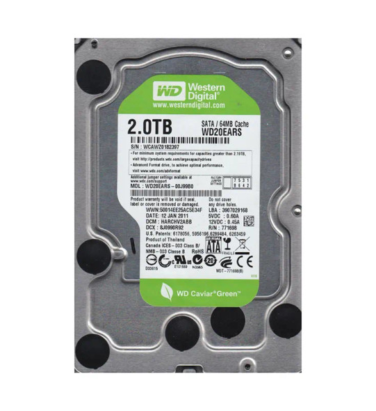 WD20EARS-00J99B0 - Western Digital Caviar Green 2TB 5400RPM SATA 3Gb/s 64MB Cache (RoHS) 3.5-inch Hard Drive