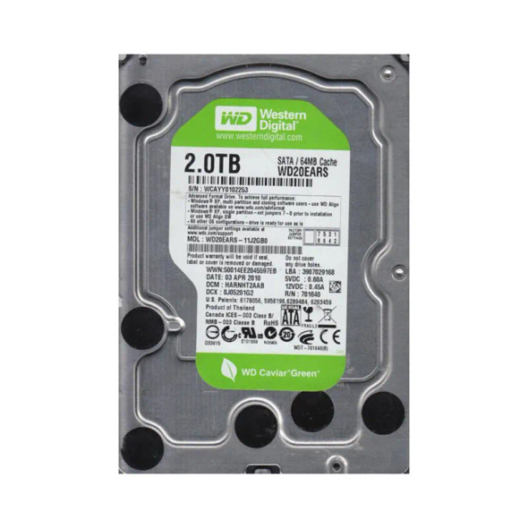 WD20EARS-11J2GB0 - Western Digital Caviar Green 2TB 5400RPM SATA 3Gb/s 64MB Cache (RoHS) 3.5-inch Hard Drive