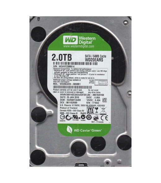 WD20EARS-00S8B1 - Western Digital Caviar Green 2TB 5400RPM SATA 3Gb/s 64MB Cache 3.5-inch Hard Drive
