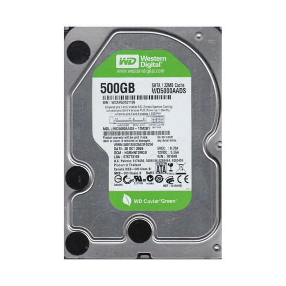 WD5000AADS-11M2B1 - Western Digital Caviar Green 500GB 7200RPM SATA 3Gb/s 7-Pin 32MB Cache 3.5-inch Hard Drive