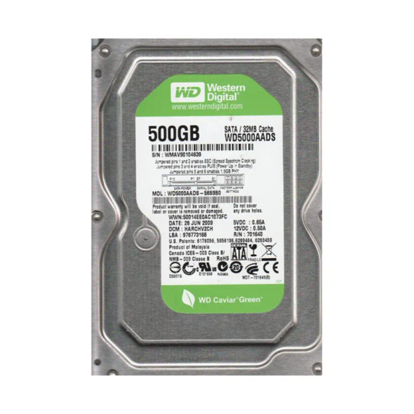 WD5000AADS-56S9B0 - Western Digital Caviar Green 500GB 7200RPM SATA 3Gb/s 7-Pin 32MB Cache 3.5-inch Hard Drive