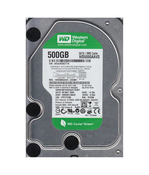 WD5000AAVS-22G9B1 - Western Digital Caviar Green 500GB 7200RPM SATA 3Gb/s 8MB Cache 3.5-inch Hard Drive