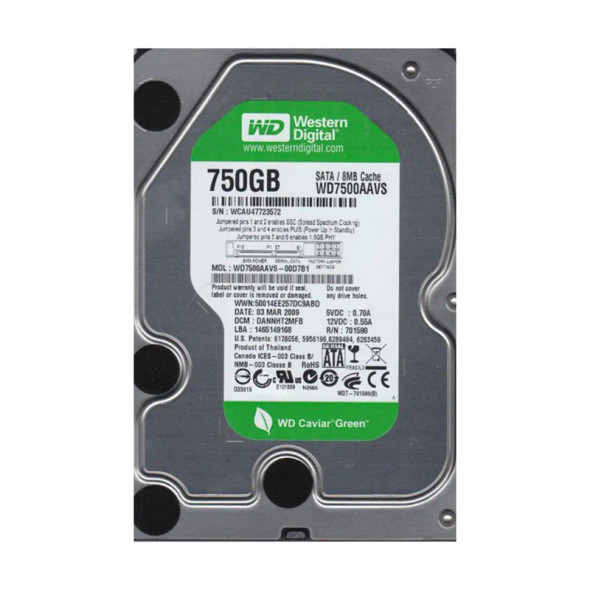 WD7500AAVS-00D7B1 - Western Digital Caviar Green 750GB 7200RPM SATA 3Gb/s 8MB Cache 3.5-inch Hard Drive