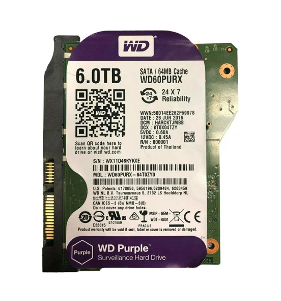 WD60PURX-64T0ZY0 - Western Digital Purple 6TB 5400RPM SATA 6Gb/s 64MB Cache 3.5-inch Hard Drive for Surveillance