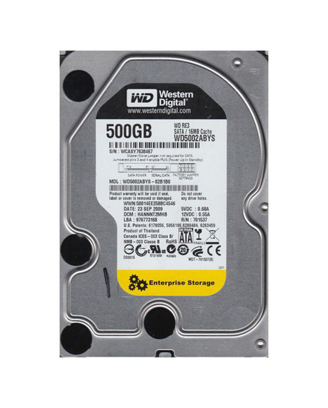 WD5002ABYS-02B1B0 - Western Digital RE3 500GB 7200RPM SATA 3Gb/s 16MB Cache 3.5-inch Hard Drive