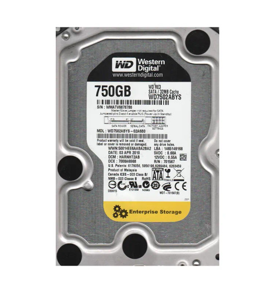 WD7502ABYS-02A6B0 - Western Digital RE3 750GB 7200RPM SATA 3Gb/s 32MB Cache (RoHS) 3.5-inch Enterprise Hard Drive