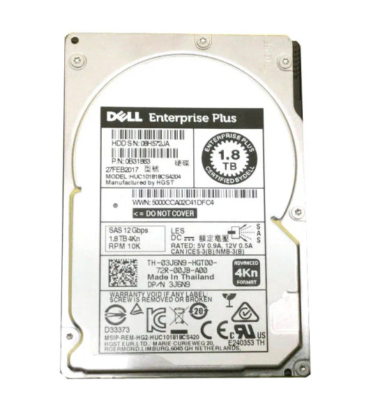 3J6N9 - Dell 1.8TB 10000RPM SAS 12Gb/s Hot-Swappable (4Kn) 2.5-inch Hard Drive with Tray for PS4100 and PS6100