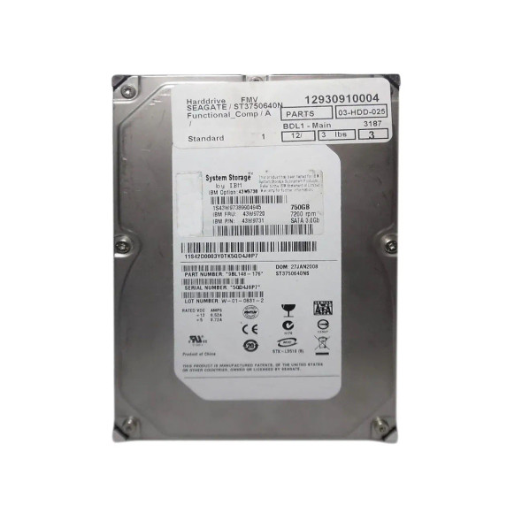 43W9731 - IBM 750GB SATA 3Gb/s Hot-Swappable 16MB Cache 3.5-inch Hard Drive with Tray