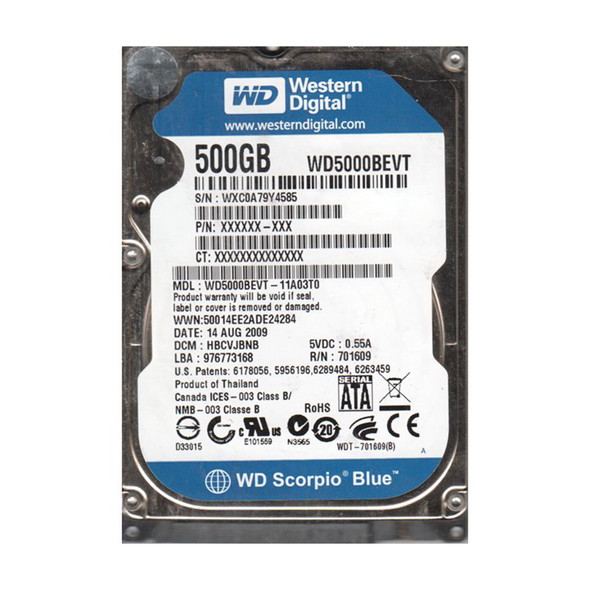WD5000BEVT-11A03T0 - Western Digital Scorpio Blue 500GB SATA 3Gb/s Hot-Swappable 5400RPM 8MB Cache 2.5-inch Hard Drive