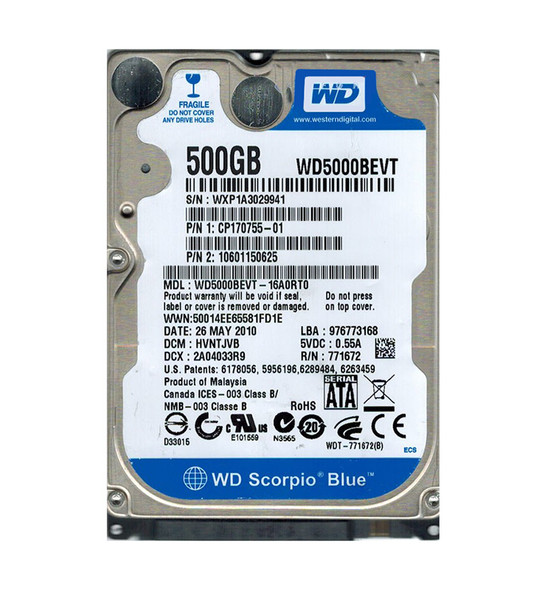 WD5000BEVT-16A0RT0 - Western Digital Scorpio Blue 500GB SATA 3Gb/s Hot-Swappable 5400RPM 8MB Cache 2.5-inch Hard Drive