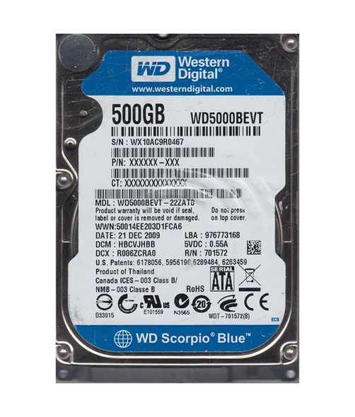 WD5000BEVT-22ZAT0 - Western Digital Scorpio Blue 500GB SATA 3Gb/s Hot-Swappable 5400RPM 8MB Cache 2.5-inch Hard Drive