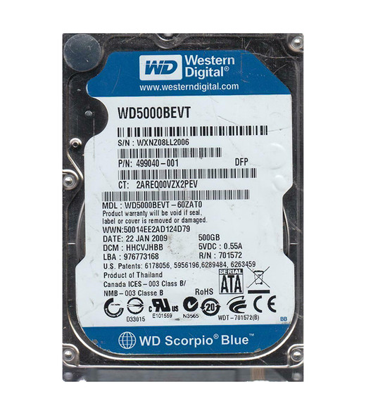 WD5000BEVT-60ZAT0 - Western Digital Scorpio Blue 500GB SATA 3Gb/s Hot-Swappable 5400RPM 8MB Cache 2.5-inch Hard Drive