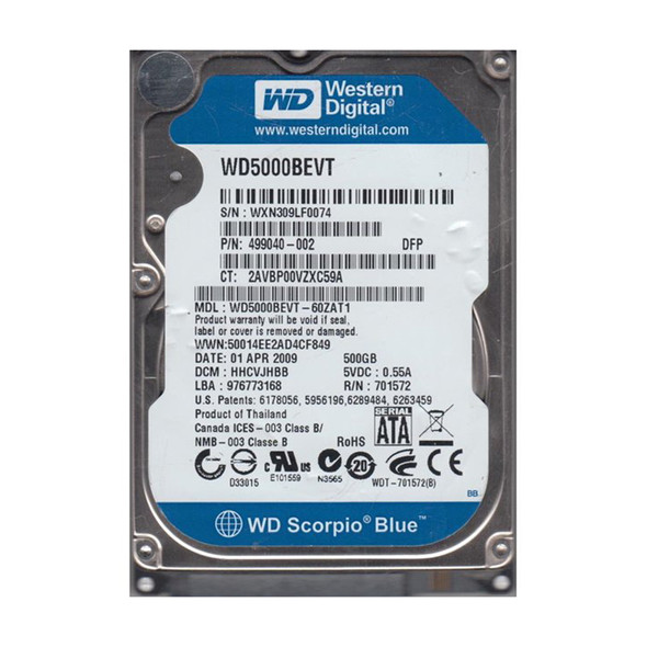 WD5000BEVT-60ZAT1 - Western Digital Scorpio Blue 500GB SATA 3Gb/s Hot-Swappable 5400RPM 8MB Cache 2.5-inch Hard Drive