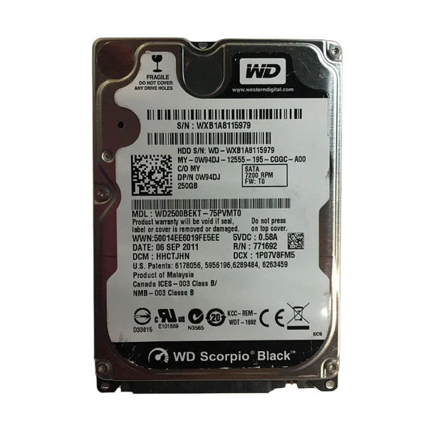 W94DJ - Dell 250GB 7200RPM SATA 3Gb/s 16MB Cache 2.5-inch Hard Drive