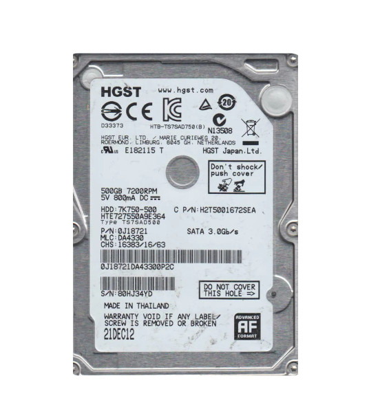 HTE727550A9E364 - HGST Travelstar 7K750 Series 500GB 7200RPM SATA 3Gb/s 16MB Cache 512e 2.5-inch Hard Drive