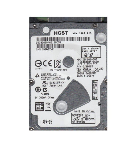 0J38065 - HGST Travelstar Z5K500 Series 500GB 5400RPM SATA 6Gb/s 8MB Cache 2.5-inch Hard Drive