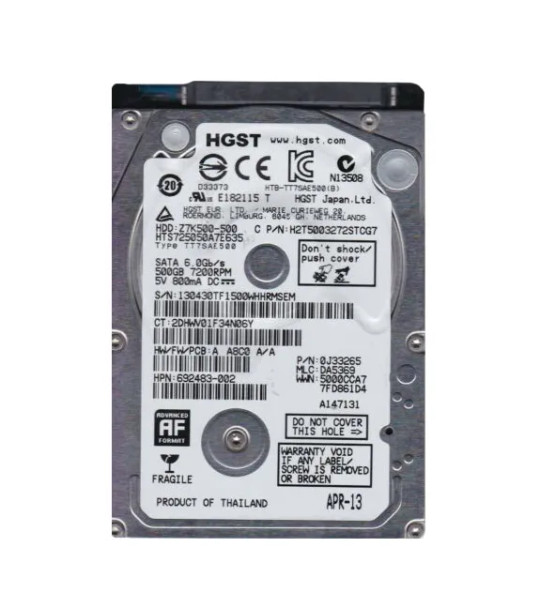 HTS725050A7E635 - HGST Travelstar Z7K500 500GB 7200RPM 32MB Cache SATA 6Gb/s (TCG Opal / 512e) 2.5-inch Hard Drive