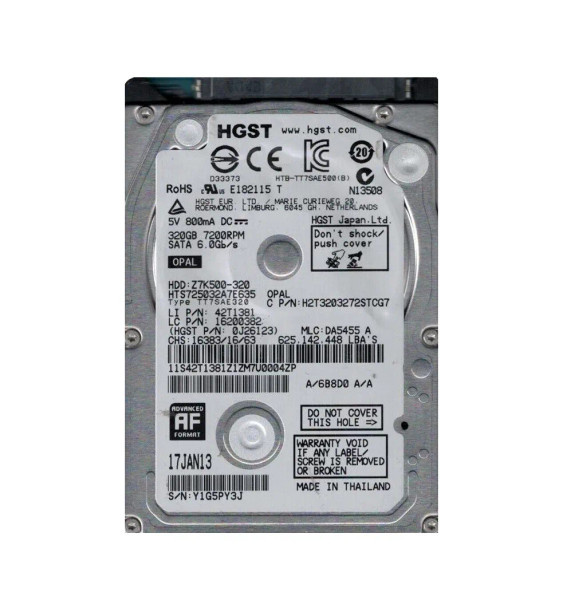 HTS725032A7E635 - HGST Travelstar Z7K500 Series 320GB 7200RPM SATA 6Gb/s 32MB Cache 512e (TCG Opal Encryption) 2.5-inch Hard Drive