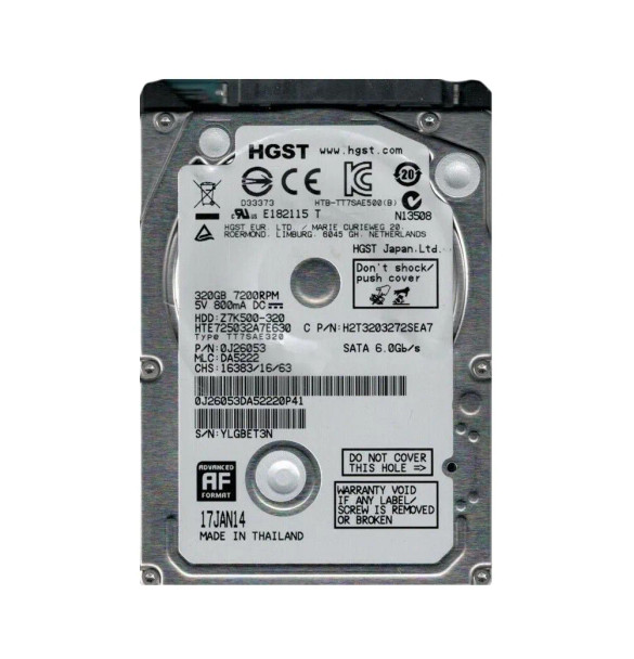 HTE725032A7E630 - HGST Travelstar Z7K500 Series 320GB 7200RPM SATA 6Gb/s 32MB Cache 512e 2.5-inch Hard Drive