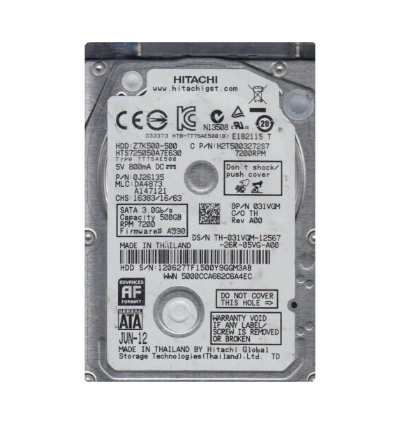 0J26135 - HGST Travelstar Z7K500 Series 500GB 7200RPM SATA 6Gb/s 32MB Cache 512e 2.5-inch Hard Drive