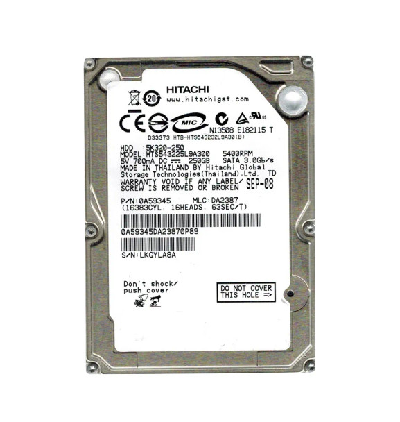 0A59345 - Hitachi Travelstar 5K320 Series 250GB 5400RPM SATA 3Gb/s 8MB Cache (512) 2.5-inch Hard Drive
