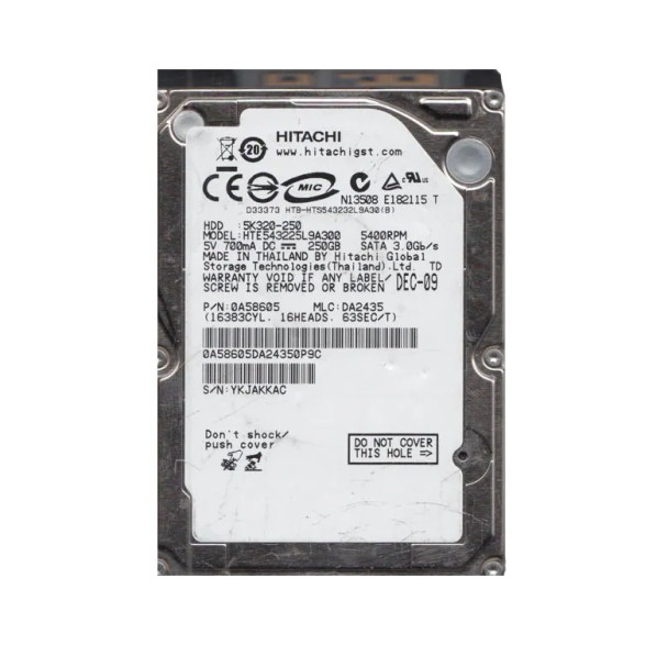 HTE543225L9A300 - Hitachi Travelstar 5K320 Series 250GB 5400RPM SATA 3Gb/s 8MB Cache (512) 7-Pin 2.5-inch Hard Drive