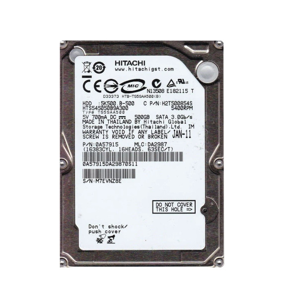0A57915 - Hitachi Travelstar 5K500.B Series 500GB 5400RPM SATA 3Gb/s 8MB Cache 2.5-inch Hard Drive