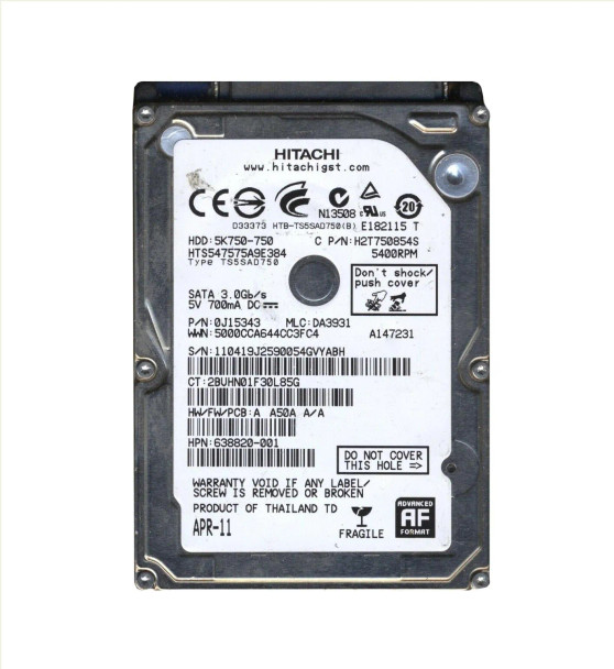 0J15343 - Hitachi Travelstar 5K750 750GB 5400RPM SATA 3Gb/s 8MB Cache (512e) 2.5-inch Hard Drive