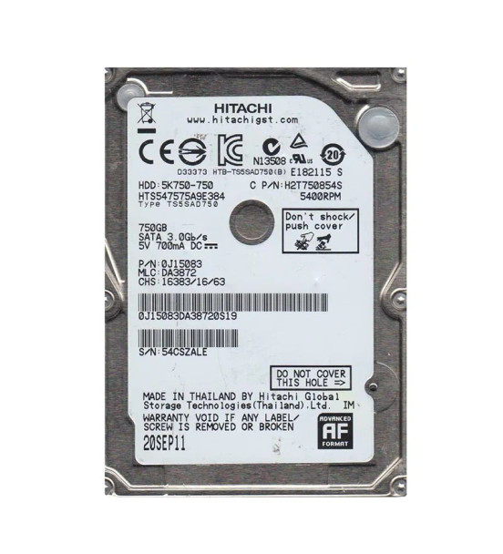 0J15083 - Hitachi Travelstar 5K750 Series 750GB 5400RPM SATA 3Gb/s 8MB Cache (512e) 2.5-inch Hard Drive