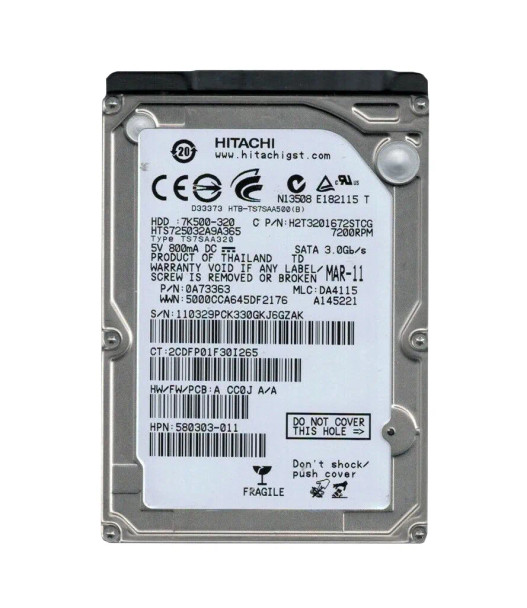 HTS725032A9A365 - Hitachi Travelstar 7K500 Series 320GB 7200RPM SATA 3Gb/s 16MB Cache 512e (TCG Opal Encryption) 2.5-inch Hard Drive
